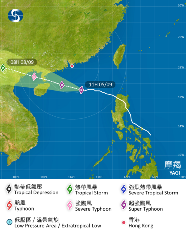 摩羯會在今、明2日橫過南海北部，大致移向雷州半島至海南島一帶。（天文台圖片）