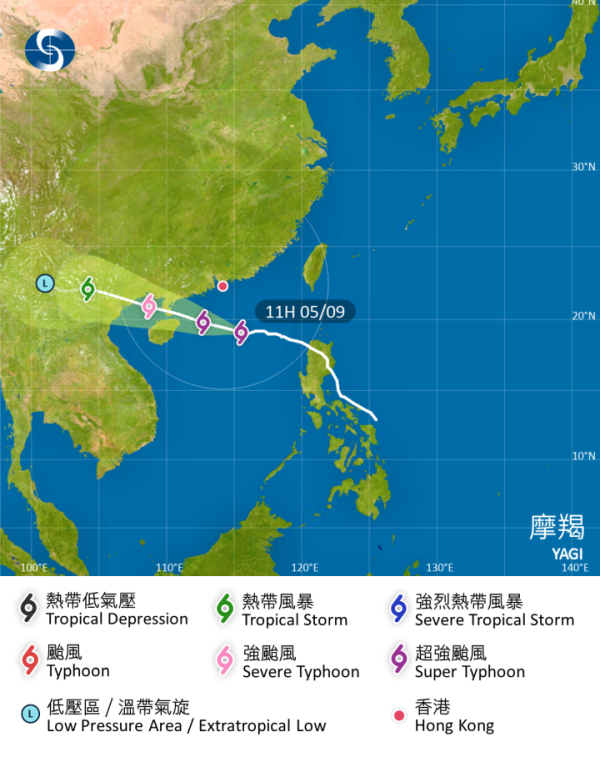 摩羯會在今、明2日橫過南海北部，大致移向雷州半島至海南島一帶。（天文台圖片）