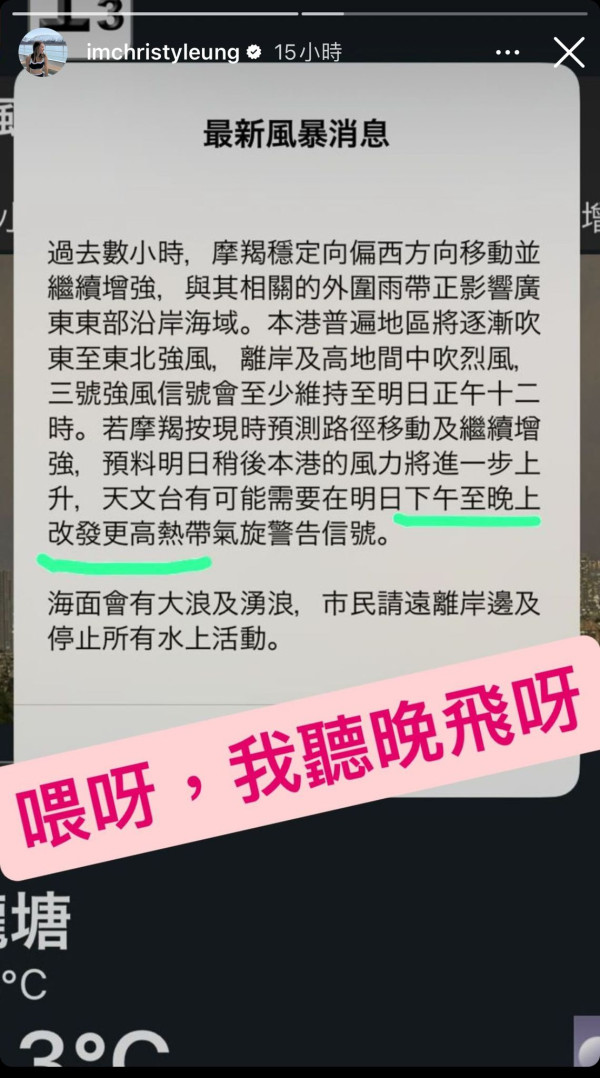 颱風摩羯｜梁芷珮今晚飛德國拍《潮什麼》 望順利出發：之前打風都飛到