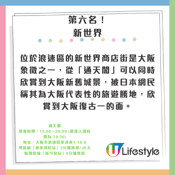 相片來源：Facebook@あべのハルカス、Facebook@Spaworld、大阪觀光局、Teamlab長居植物園官網、梅田藍天大廈空中庭園展望台官網、Cup noodles museum offical、環球影城官網、Facebook@USJ、Rankingoo