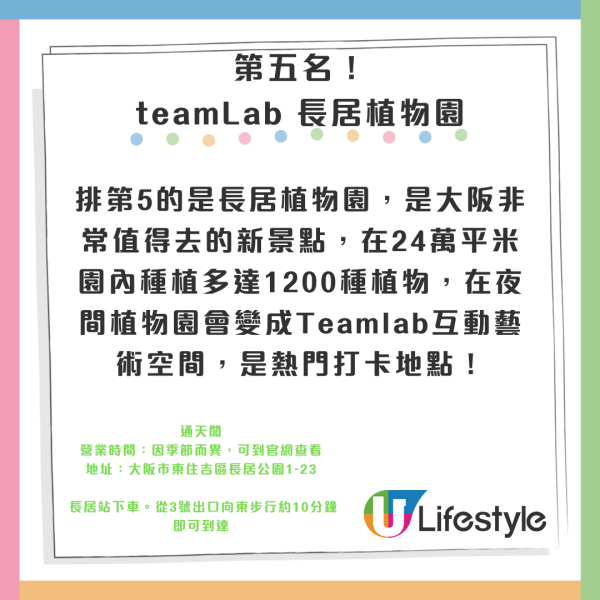 相片來源：Facebook@あべのハルカス、Facebook@Spaworld、大阪觀光局、Teamlab長居植物園官網、梅田藍天大廈空中庭園展望台官網、Cup noodles museum offical、環球影城官網、Facebook@USJ、Rankingoo