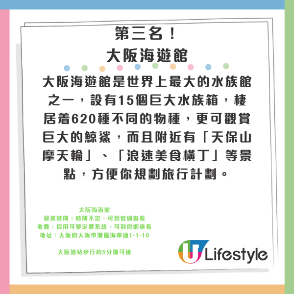 相片來源：Facebook@あべのハルカス、Facebook@Spaworld、大阪觀光局、Teamlab長居植物園官網、梅田藍天大廈空中庭園展望台官網、Cup noodles museum offical、環球影城官網、Facebook@USJ、Rankingoo