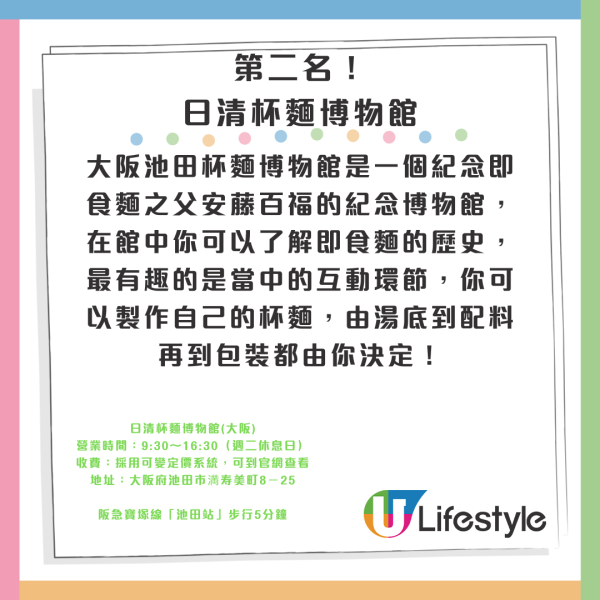 相片來源：Facebook@あべのハルカス、Facebook@Spaworld、大阪觀光局、Teamlab長居植物園官網、梅田藍天大廈空中庭園展望台官網、Cup noodles museum offical、環球影城官網、Facebook@USJ、Rankingoo