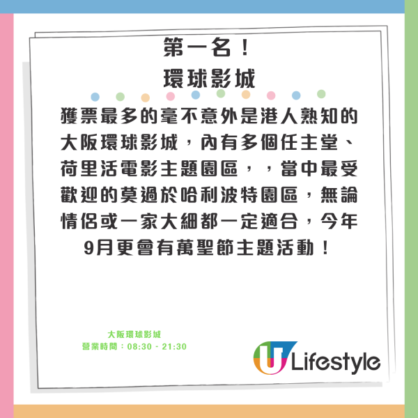 相片來源：Facebook@あべのハルカス、Facebook@Spaworld、大阪觀光局、Teamlab長居植物園官網、梅田藍天大廈空中庭園展望台官網、Cup noodles museum offical、環球影城官網、Facebook@USJ、Rankingoo