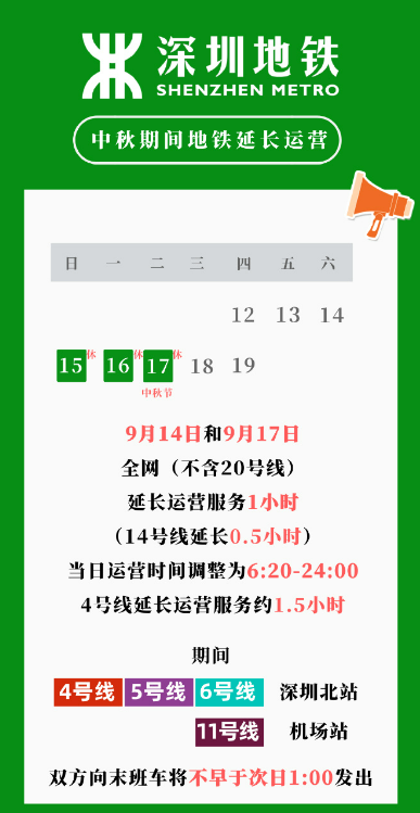 深圳地鐵中秋假期特別服務 14至17號北上注意 預計週六人流大增 