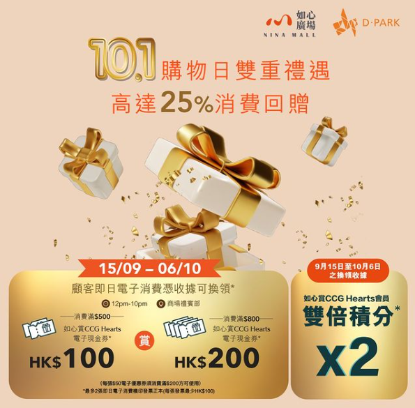  即日電子消費滿 HK$500 或 HK$800，即可換領 HK$100 或 HK$200 電子優惠券