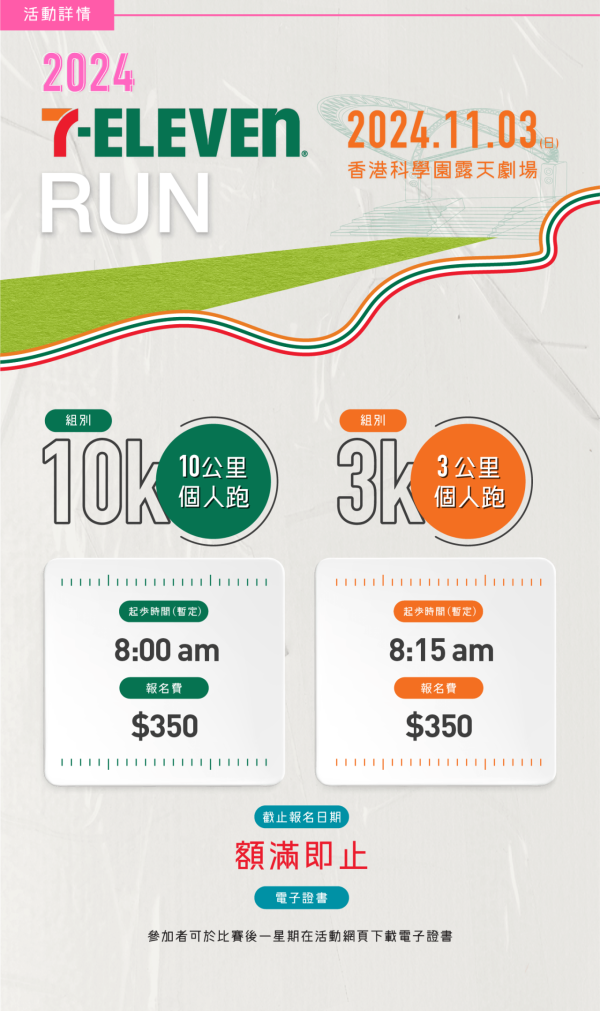 7-Eleven Run 2024｜7-Eleven主題跑步活動回歸！11月科學園舉行 選手包/報名費/路線詳情一覽