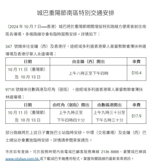 重陽節特別交通安排！各區實施特別交通措施便利市民掃墓 食環部分化寶爐服務須網上預約