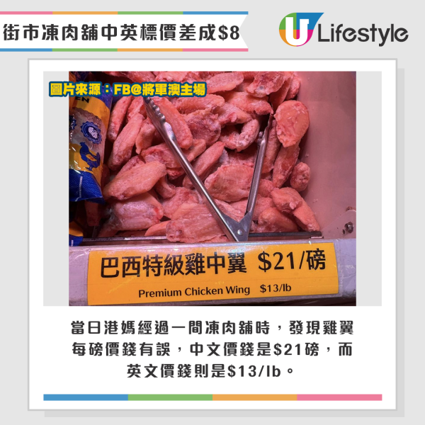 當日港媽經過一間凍肉舖時，發現雞翼每磅價錢有誤，中文價錢是$21磅，而英文價錢則是$13/lb。