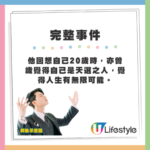 他回想自己20歲時，亦曾歲覺得自己是天選之人，覺得人生有無限可能。