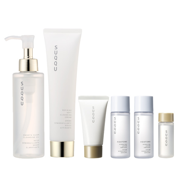 柔肌卸妝潔膚組 柔和洗顏皂霜130g、柔肌透亮潔膚油 150mL或精質柔和潔膚霜 130g (任何兩支)、 水妍亮采露旅行裝30mL、 水妍亮采露旅行裝(滋潤型) 30mL、 柔肌透亮潔膚油旅行裝20mL、 柔和洗顏皂霜旅行裝20g 售價︰$640 價值︰$906