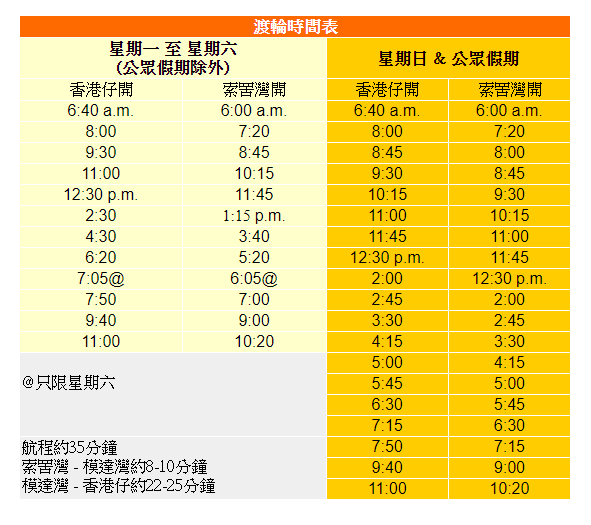 香港仔碼頭來往索罟灣班次（圖片來源：全記渡）