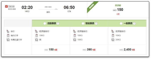 德威航空首爾紅葉季機票每程0起！來回連稅最平29 手提行李有10kg 