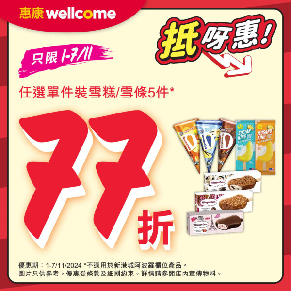 惠康雪糕77折優惠！一連7日 雀巢甜筒$5.4／任選Haagen-Dazs雪糕/雪條