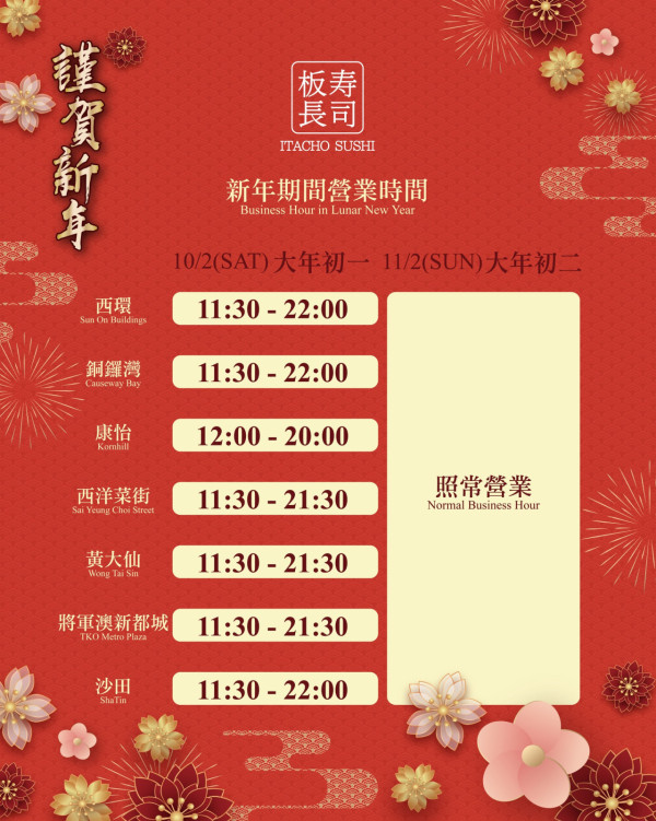 板長今年2月初仍有7間分店在營運，圖片來源︰Facebook@板長寿司 Itacho Sushi HK