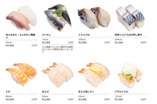 Kappa壽司部分壽司價錢（圖片來源：Kappa壽司官網）