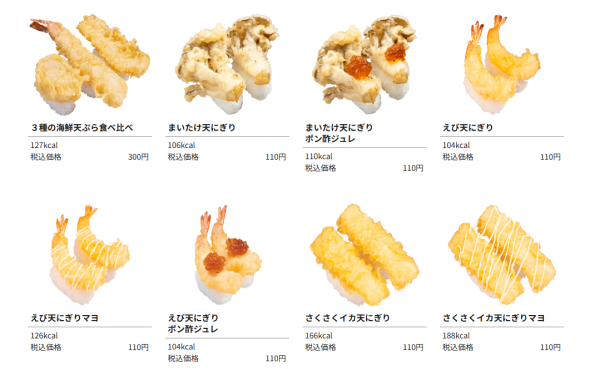 Kappa壽司部分壽司價錢（圖片來源：Kappa壽司官網）