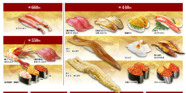 無添藏壽司部分壽司價錢（圖片來源：無添藏壽司官網）