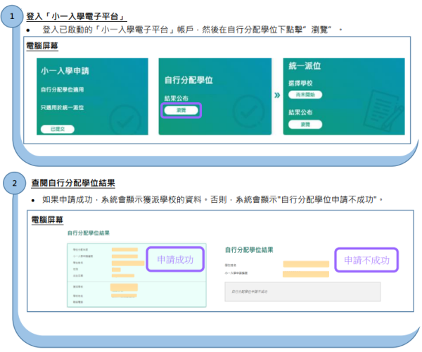 於電子平台查閱自行分配學位結果（圖片來源︰教育局）