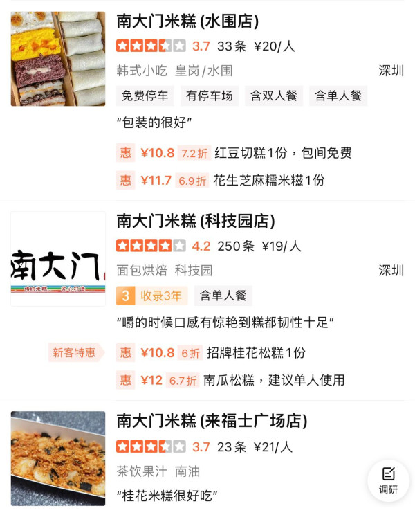 南大門米糕部分分店地址 （圖片來源︰大眾點評）