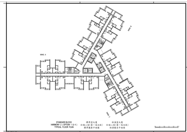 房屋署樓宇樣本平面圖，和諧二型大廈 ，來源︰房屋署。