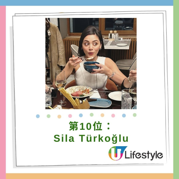 排名第十的是Sıla Türkoğlu，她是一位土耳其女演員，以迷人的美貌和螢幕魅力而聞名。她的優雅和魅力使她贏得了全球觀眾的心。