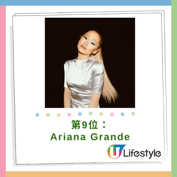 第九名是Ariana Grande，這位美國歌手、詞曲創作人和演員因其驚人的美貌和標誌性的風格而受到讚譽。她強大的嗓音和獨特外貌使她在全球擁有眾多粉絲。