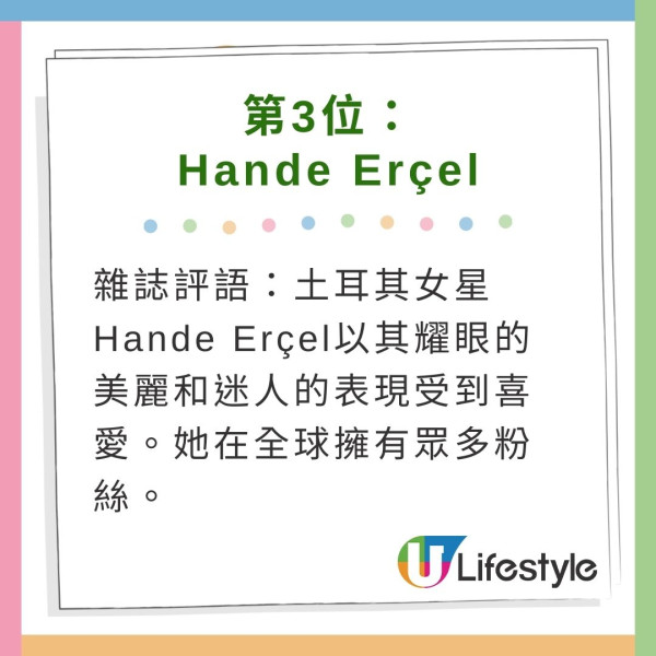 第三名是土耳其女演員兼模特Hande Erçel，以其耀眼的美麗和迷人的表現受到喜愛。Hande在土耳其及全球擁有眾多粉絲，她的自然魅力使她成為2024年最美麗女性之一。