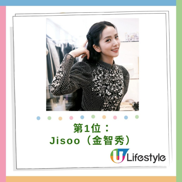排名第一的是女團BLACKPINK成員Jisoo（金智秀），她以迷人的美貌和才華連續第三年被評選為世界上最美麗的女性。金智秀不僅擁有無可比擬的風格，其持續影響力也讓她成為全球偶像，再次穩居榜首。