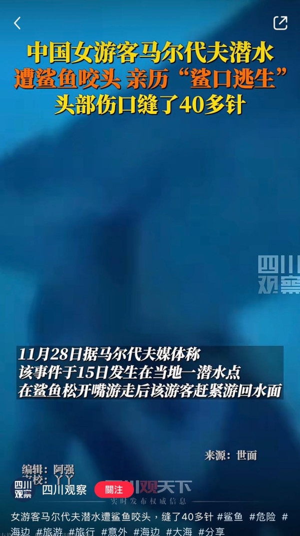 馬爾代夫鯊魚險咬甩中國女遊客人頭影片曝光（影片來源︰小紅書@四川觀察）