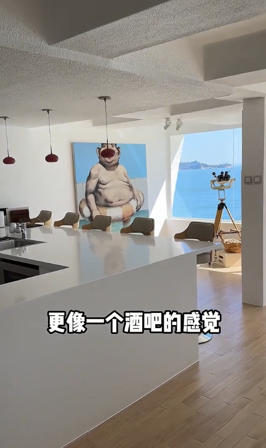 廚房採用開放式設計，雪櫃、煮食工具一應俱全，中島同時作為飯枱和吧台，一物多用。圖片來源：小紅書