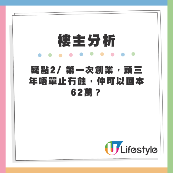 疑點2/ 第一次創業，頭三年唔單止冇蝕，仲可以回本62萬？