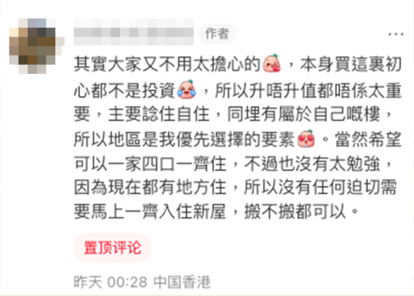 事主逐一回覆留言，她表示「嗰時唔揀東涌3房，寧願細啲都要揀港島」。圖片來源：小紅書