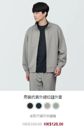 MUJI walker同樣有低至4折優惠，不同長袖上衣、衛衣、長褲及內衣$128起，圖片來源︰MUJI網店截圖。