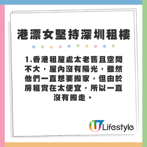 1.香港租屋處太老舊且空間不大，屋內沒有陽光，雖然他們一直想要搬家，但由於房租實在太便宜，所以一直沒有搬走。