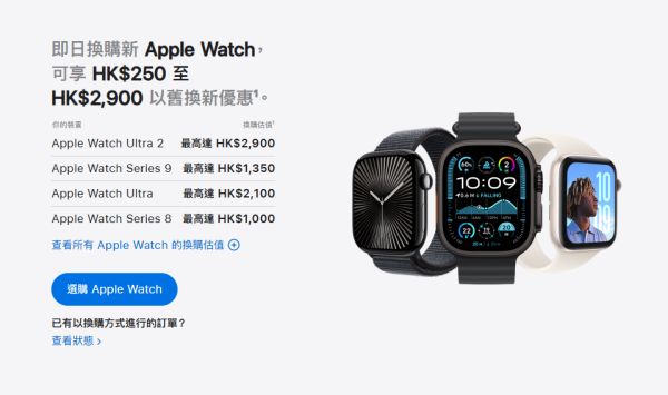 即日換購新 Apple Watch，可享HK$250至HK$2,900以舊換新優惠。（圖片來源︰Apple網上截圖）