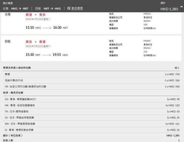 香港航空延長星期二機票85折優惠！東京/大阪/福岡/沖繩連稅最平千二起包30kg行李 