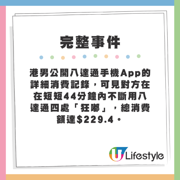 港男公開八達通手機App的詳細消費記錄，可見對方在在短短44分鐘內不斷用八達通四處「狂嘟」，總消費額達$229.4。