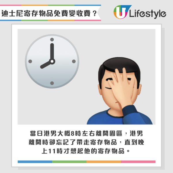 當日港男大概8時左右離開園區，港男離開時卻忘記了帶走寄存物品，直到晚上11時才想起他的寄存物品。