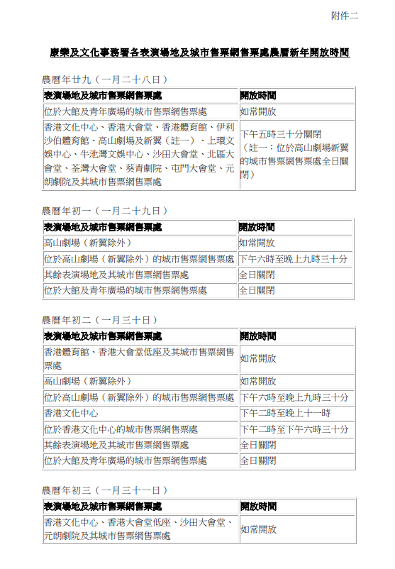 康文署轄下各表演場地及城市售票網售票處的開放時間（圖片來源：新聞公報）