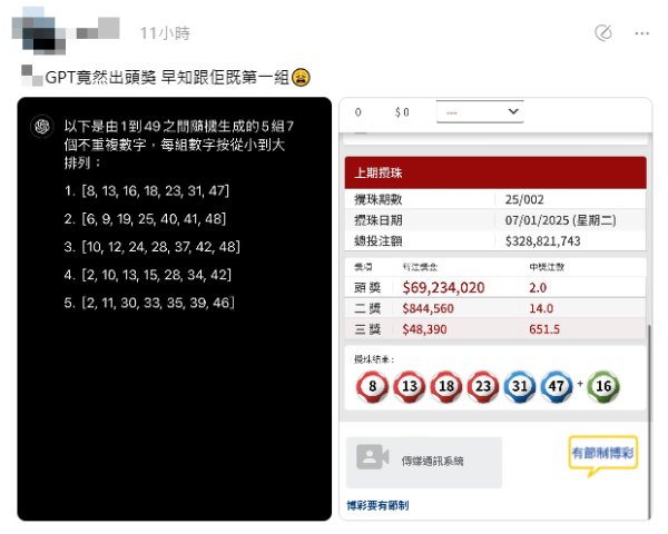 ChatGPT疑成功預測六合號攪珠號碼（圖片來源：Threads）