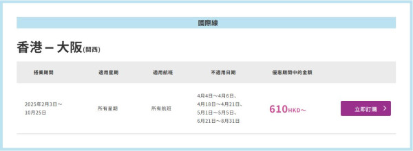 樂桃航空一連7日新春優惠 大阪機票單程$610起 包20kg寄艙行李