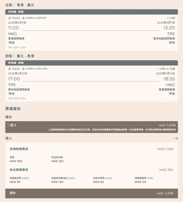 星宇航空限時優惠！台北機票來回連稅千四港元起含23kg行李 