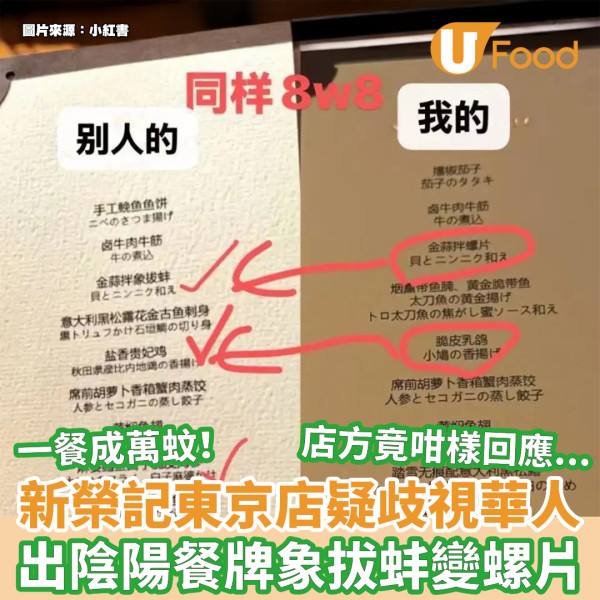 米芝蓮餐廳︱新榮記東京店疑歧視華人 出陰陽餐牌象拔蚌變螺片