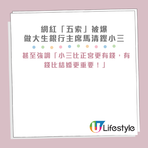 網紅「五索」被起底！暗交富豪馬清鏗9年揚言不介意做小三！突反口宣布暫時消失