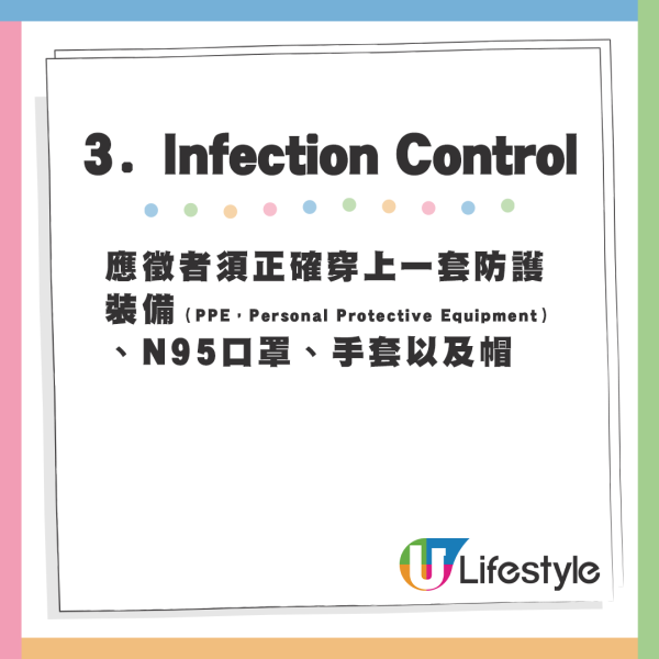 應徵者須正確穿上一套防護裝備（PPE，Personal Protective Equipment）、N95口罩、手套以及帽
