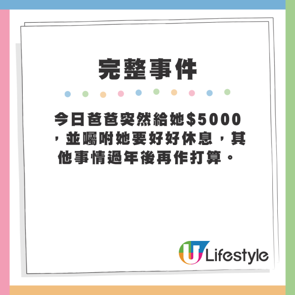 今日爸爸突然給她$5000，並囑咐她要好好休息，其他事情過年後再作打算。