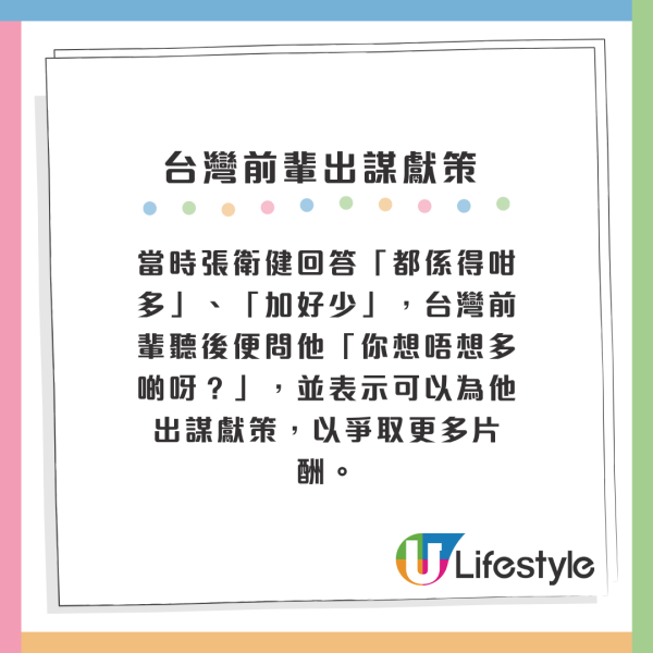 當時張衛健回答「都係得咁多」、「加好少」，台灣前輩聽後便問他「你想唔想多啲呀？」，並表示可以為他出謀獻策，以爭取更多片酬。