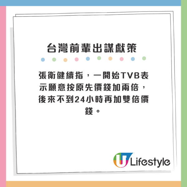 張衛健續指，一開始TVB表示願意按原先價錢加兩倍，後來不到24小時再加雙倍價錢。