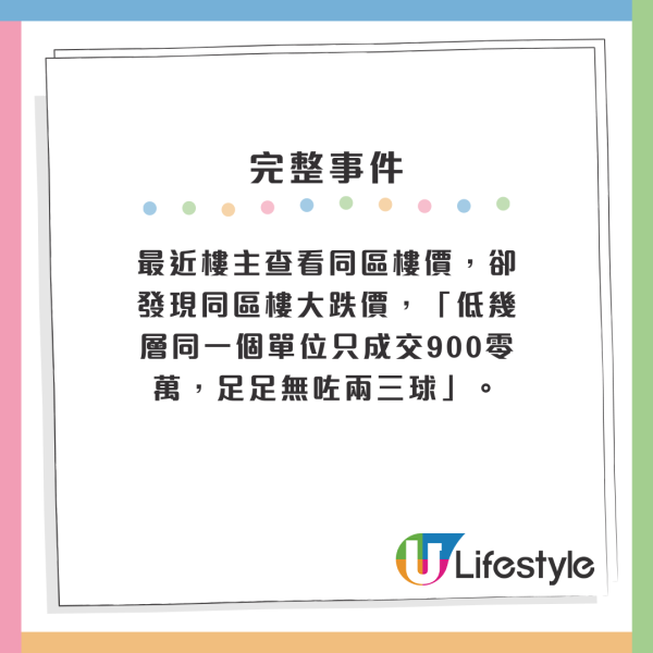 最近樓主查看同區樓價，卻發現同區樓大跌價，「低幾層同一個單位只成交900零萬，足足無咗兩三球」。